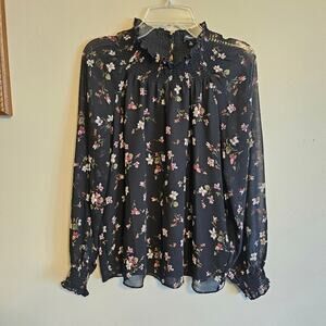 Madewell XS Smocked Mockneck Black Floral Long Sleeve